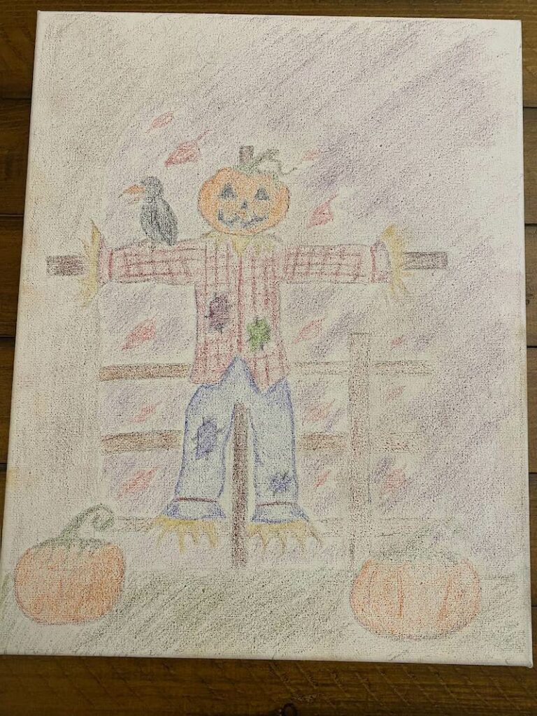 colored pencils on canvas fall scarecrow scene