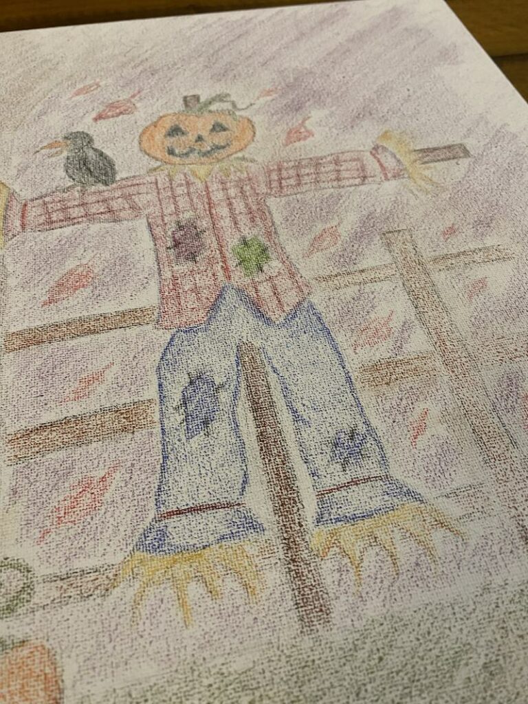 colored pencils on canvas fall scarecrow scene2