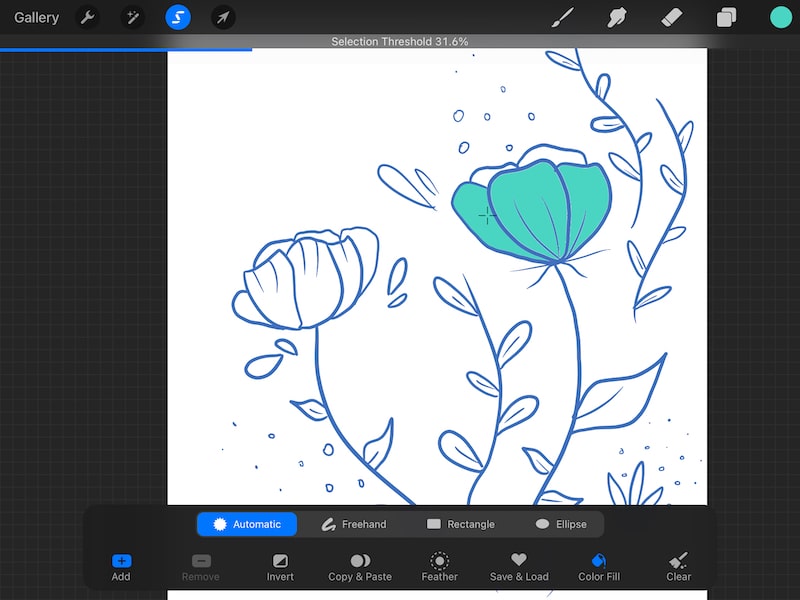 procreate automatic selection teal color fill