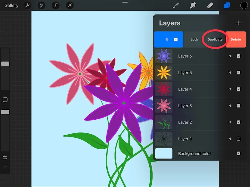 procreate layer duplicate button flower