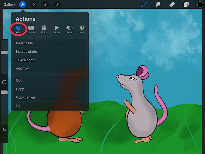 procreate actions menu add menu mouse