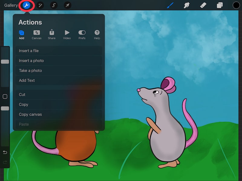 procreate actions menu mouse