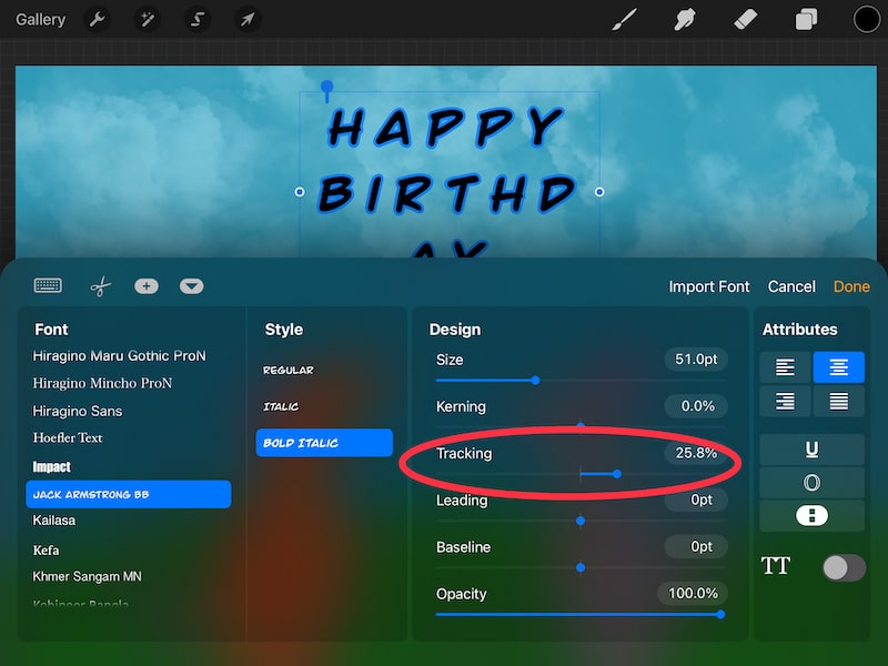 procreate change text tracking happy birthday