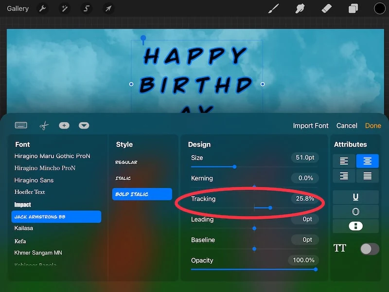 procreate change text tracking happy birthday