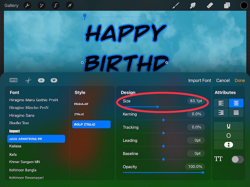 procreate text change size happy birthday