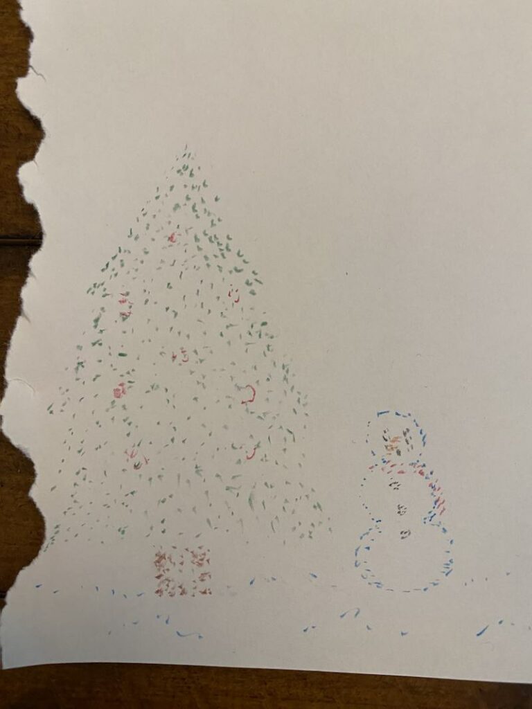 stippling with colored pencils snowman and tree2
