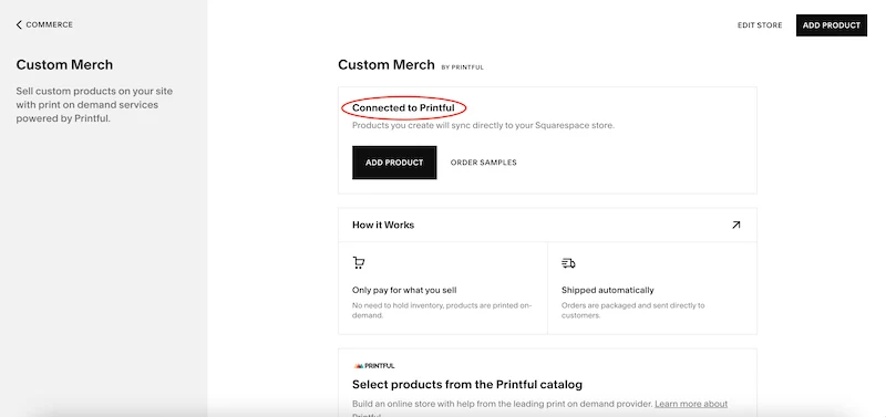 squarespace connected to printful
