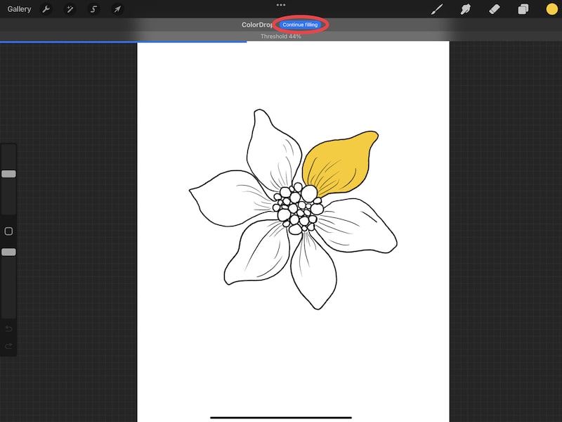 procreate continue filling colordrop yellow flower drawing