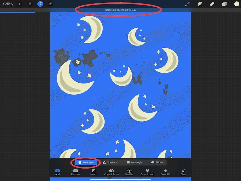 procreate automatic selection option selection threshold