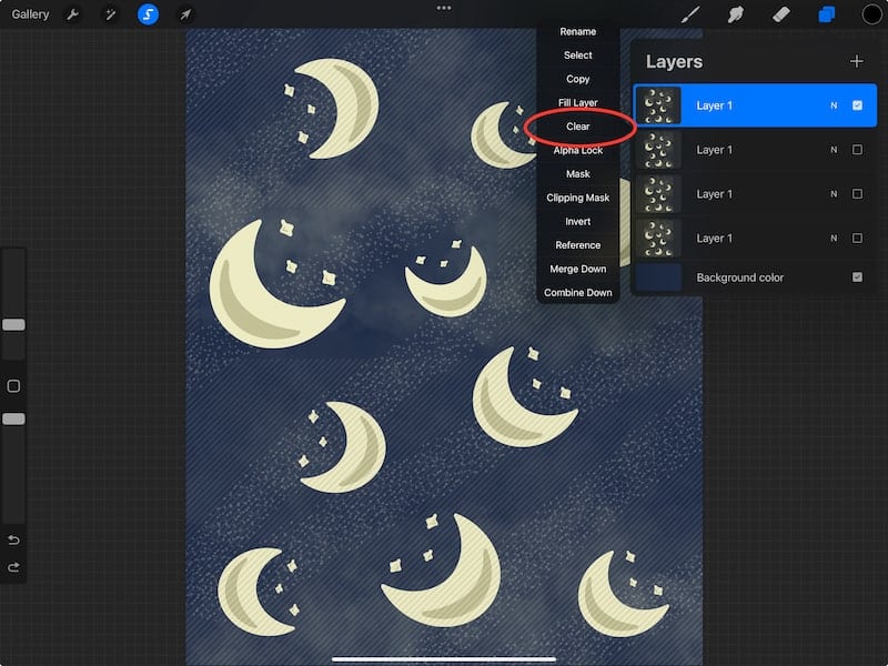 procreate clear layer for selection moon drawing