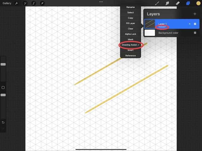 procreate drawing assist isometric grid yellow lines