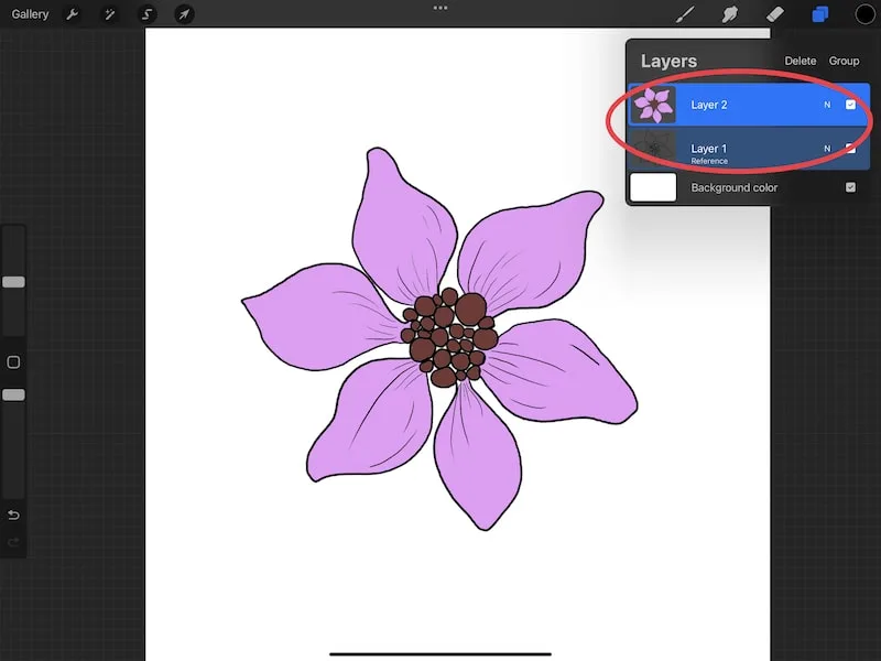 procreate layer selected highlighted flower drawing