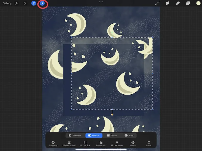procreate selection tool move selection with transform tool