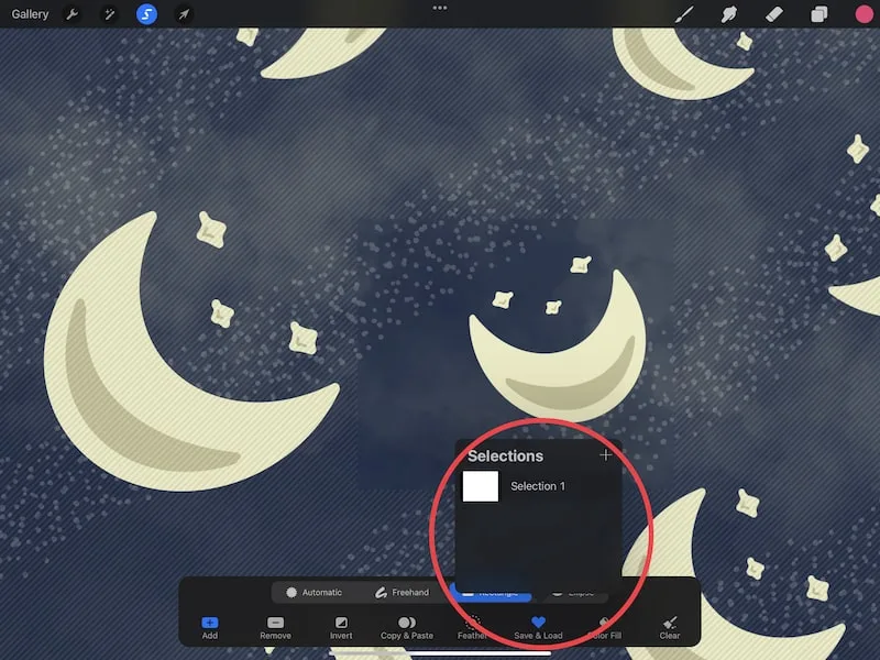 procreate selection tool save and load rectangle selection