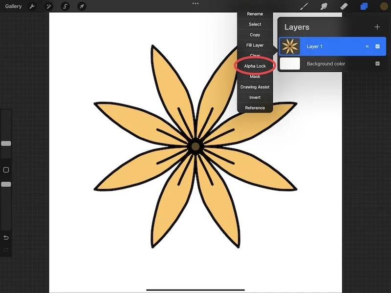 procreate alpha lock button layer settings flower design