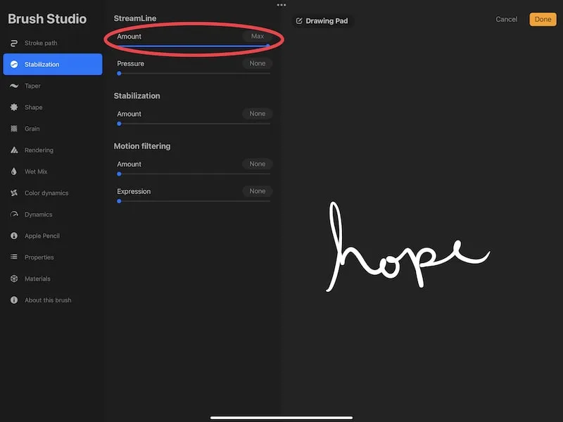procreate max streamline brush setting hope