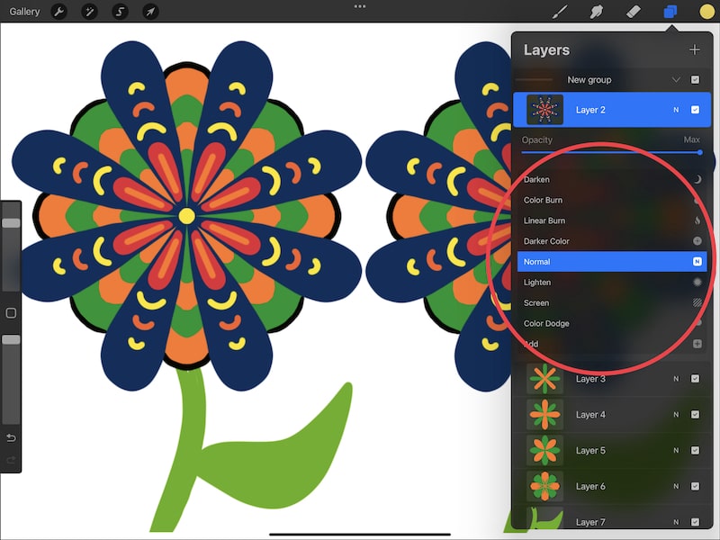 procreate blend mode options flower drawing