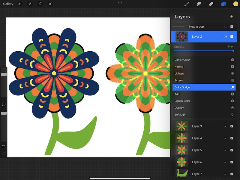 procreate color dodge blend mode flower drawing