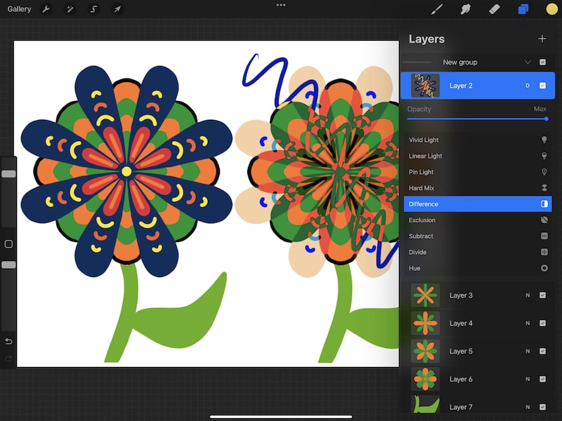 procreate difference blend mode with line flower drawing