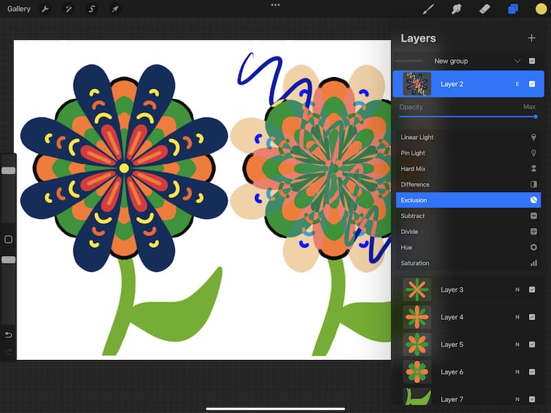 procreate exclusion blend mode with line flower drawing