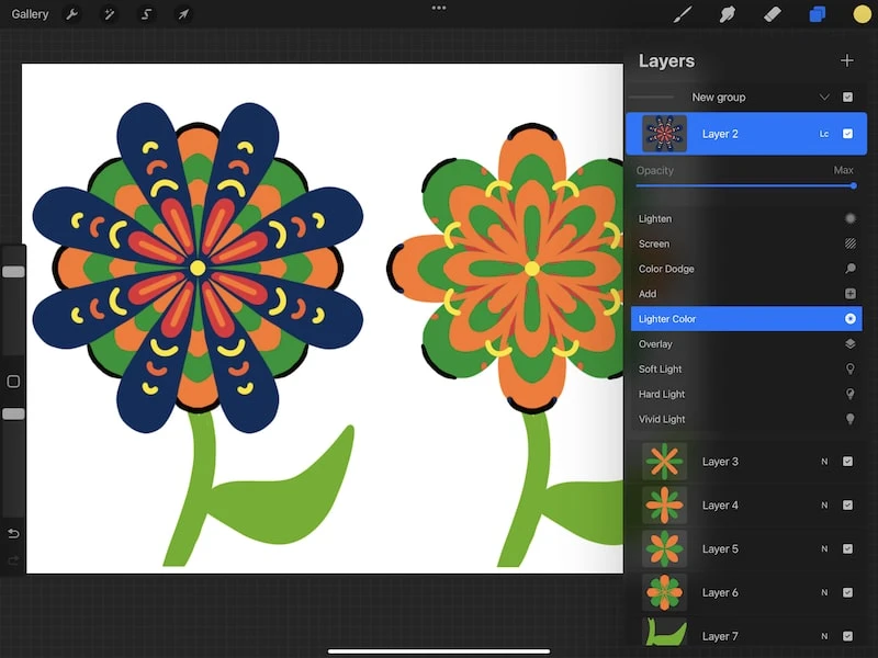 procreate lighter color blend mode flower drawing
