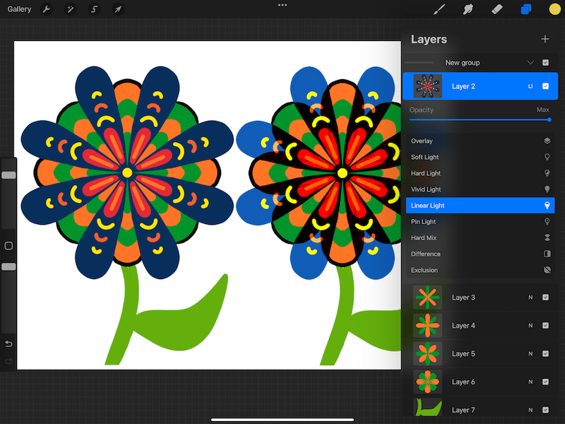 procreate linear light blend mode flower drawing