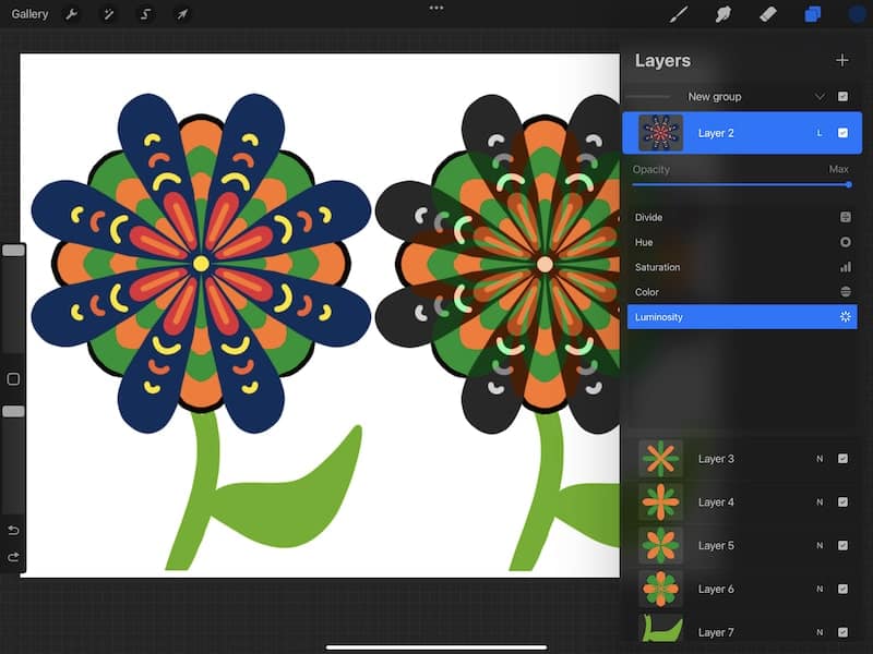 procreate luminosity blend mode flower drawing