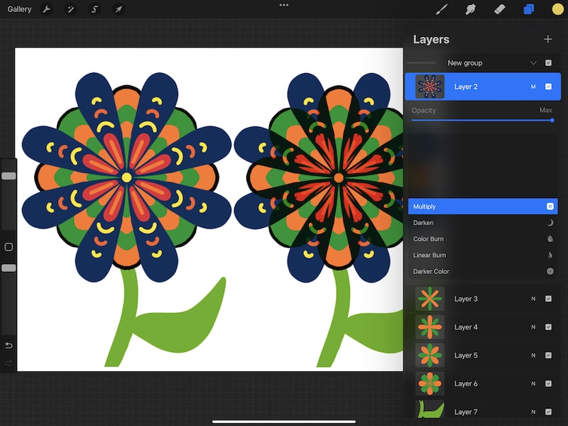 procreate multiply blending mode flower drawing