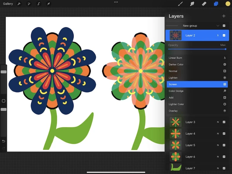 procreate screen blend mode flower drawing
