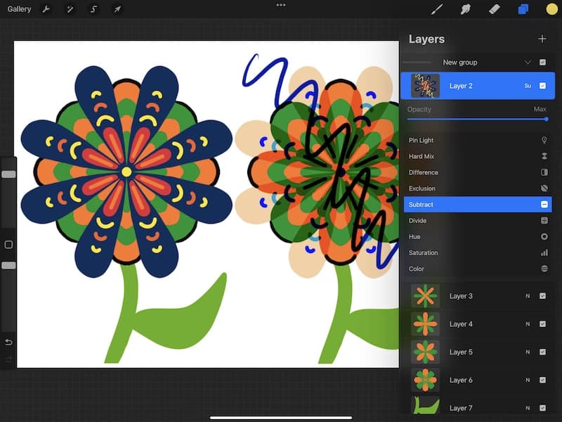 procreate subtract blend mode with line flower drawing