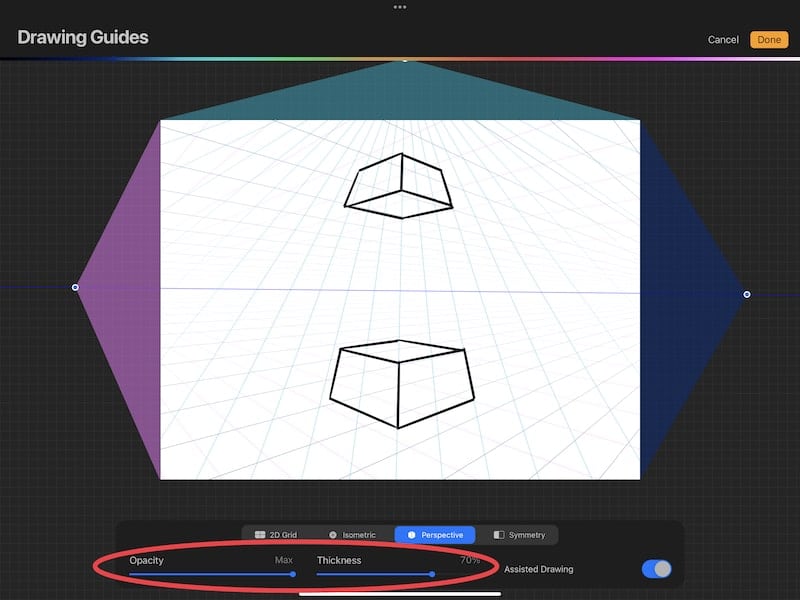 procreate perspective guide assisted line opacity and thickness