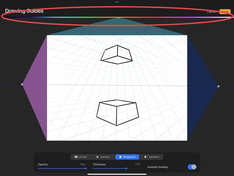 procreate perspective guide with cubes and color slider