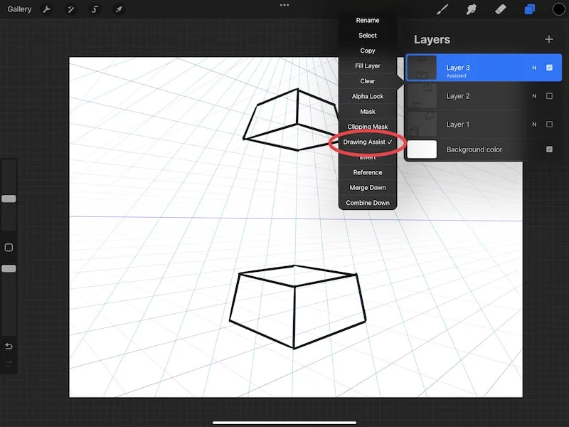procreate perspective guide with cubes layer settings assisted drawing