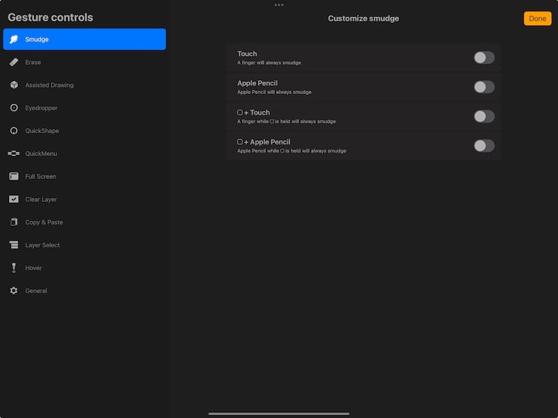 procreate gesture controls menu for customizing