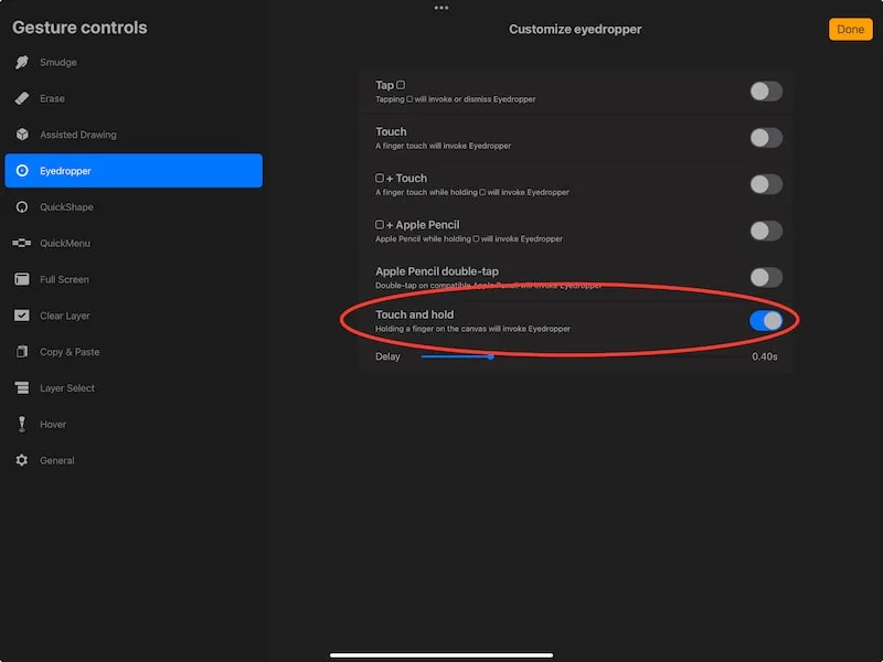 procreate turn off eyedropper gestures in gesture controls