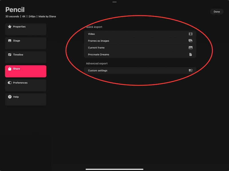 procreate dreams export options in project settings