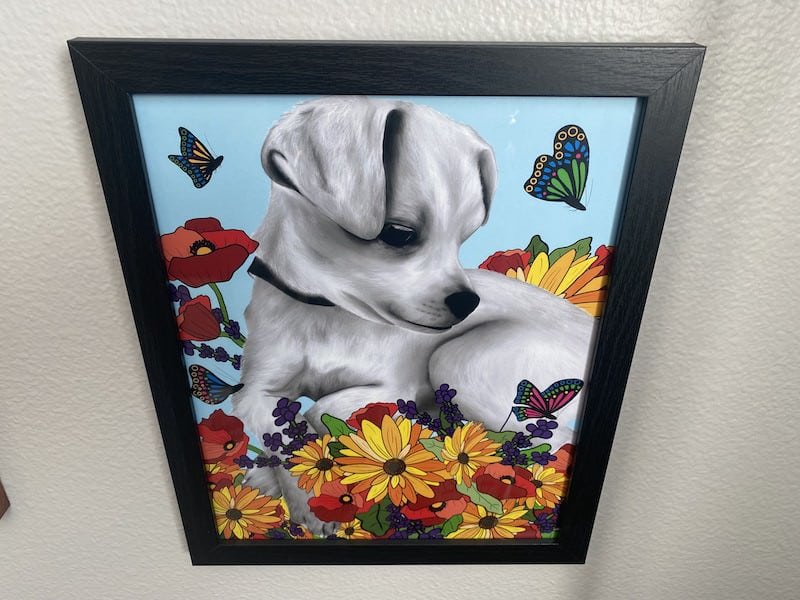 dog drawing in a frame on wall
